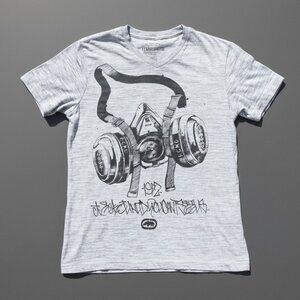 Ecko Unltd Gas Mask Graphic T-Shirt Mens S Gray V-Neck Streetwear